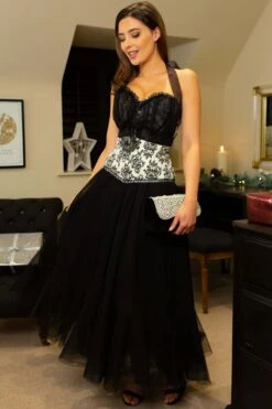 Black And Cream Damask Print Halterneck Corset -Corset Story A3613 1