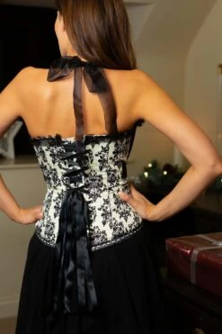 Black And Cream Damask Print Halterneck Corset -Corset Story A3613 5