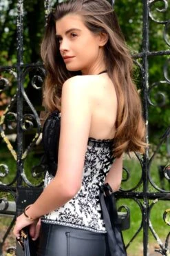 Black And Cream Damask Print Halterneck Corset -Corset Story A3613 website 3