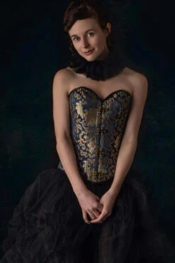 Blue With Gold Brocade Pattern Overbust With Hooks -Corset Story A3733 CustomerPic July2021 1