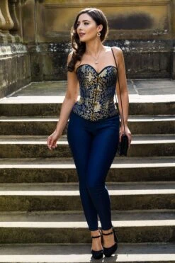 Blue With Gold Brocade Pattern Overbust With Hooks -Corset Story A3733 July2020 website 1