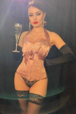 Rose Gold Halterneck Overbust Ribbon Corset -Corset Story A3787 CustomerPic July2021
