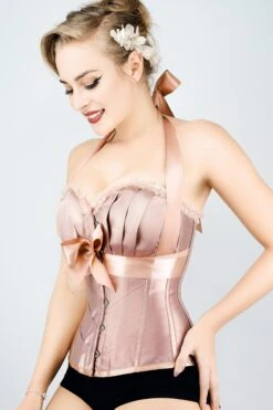 Rose Gold Halterneck Overbust Ribbon Corset -Corset Story A3787 Side