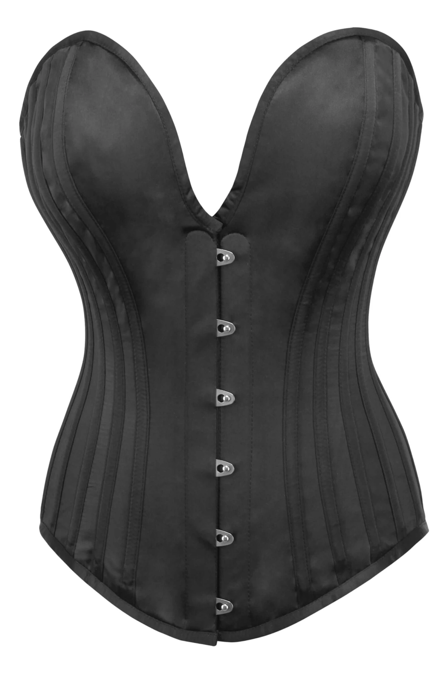 Black Satin Overbust Corset With Plunge Neckline 1 Black Satin Overbust Corset With Plunge Neckline