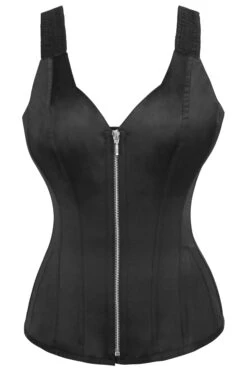 Black Satin Overbust Corset With Shoulder Straps And Zip