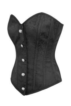 Black Brocade Overbust Corset With Front Zip And Button Detailing -Corset Story BC 0143