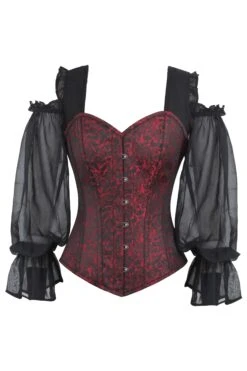 Red And Black Brocade Corset Top With Long Chiffon Sleeves