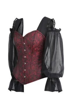 Red And Black Brocade Corset Top With Long Chiffon Sleeves -Corset Story BC 0153