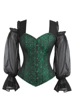 Long Sleeve Green And Black Brocade Corset Top With Chiffon Sleeves