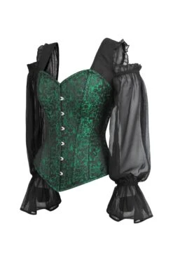 Long Sleeve Green And Black Brocade Corset Top With Chiffon Sleeves -Corset Story BC 0203