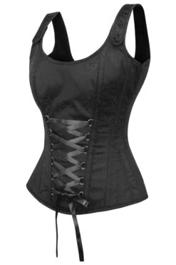 Black Brocade Overbust Corset With Zip Fastening And Button Detail Straps -Corset Story BC 0273