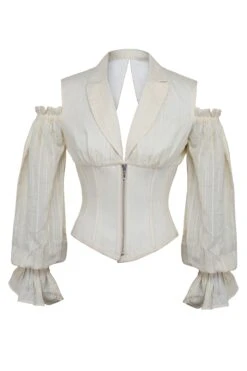 Ivory Corset Top With Front Zip And Long Sleeves