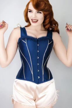 Midnight Blue And Beige Overbust Lace Trim And Straps 17 Midnight Blue And Beige Overbust Lace Trim And Straps -Corset Story CSFT089 Front
