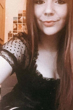 Black Brocade Overbust With Court Neck And Sleeves -Corset Story CSFT095 Customerpic June2021 2