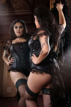 Black Brocade Overbust With Court Neck And Sleeves -Corset Story CSFT095 Dollhouse March2021 website 1