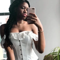 White Cotton Straight Bustline Corset Top With Off The Shoulder Sleeves -Corset Story CSFT101 Customerpic June2021 1