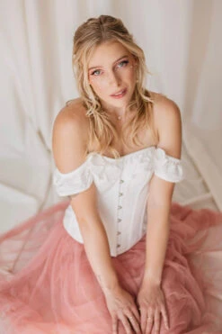 White Cotton Straight Bustline Corset Top With Off The Shoulder Sleeves -Corset Story CSFT101 Customerpic June2021 14