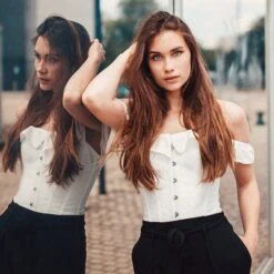 White Cotton Straight Bustline Corset Top With Off The Shoulder Sleeves -Corset Story CSFT101 Customerpic June2021 2