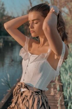 White Cotton Straight Bustline Corset Top With Off The Shoulder Sleeves -Corset Story CSFT101 website 4