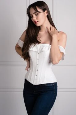White Cotton Straight Bustline Corset Top With Off The Shoulder Sleeves -Corset Story CSFT101 1