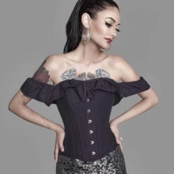 Black Cotton Straight Bustline Corset Top With Off The Shoulder Sleeves 36 Black Cotton Straight Bustline Corset Top With Off The Shoulder Sleeves -Corset Story CSFT102 Customerpic June2021 2