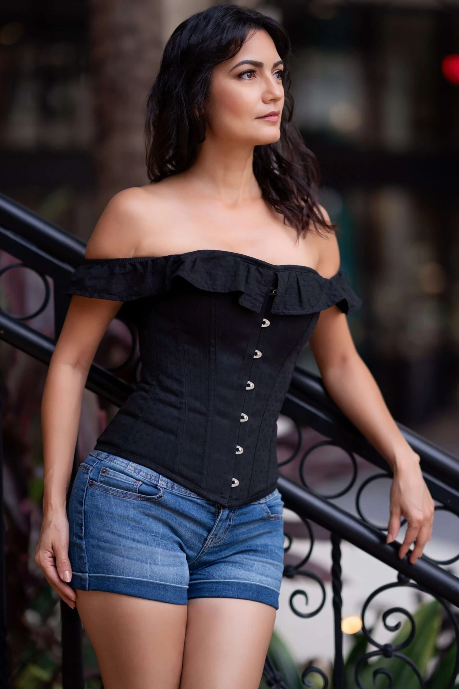 Black Cotton Straight Bustline Corset Top With Off The Shoulder Sleeves 12 Black Cotton Straight Bustline Corset Top With Off The Shoulder Sleeves - Image 12