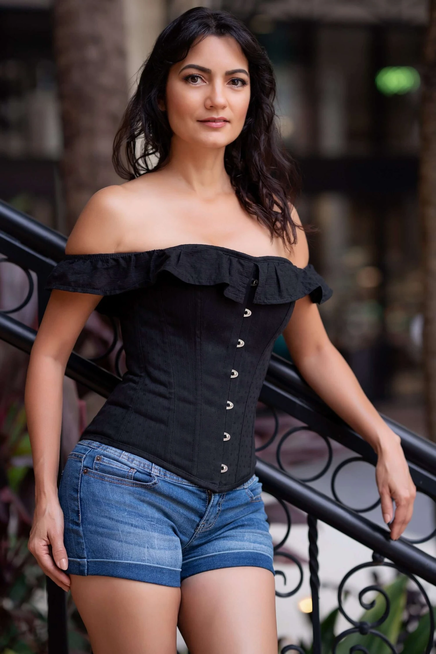 Black Cotton Straight Bustline Corset Top With Off The Shoulder Sleeves 5 Black Cotton Straight Bustline Corset Top With Off The Shoulder Sleeves - Image 5