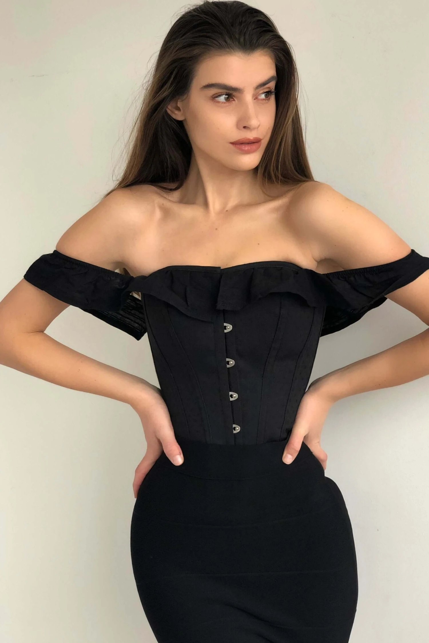 Black Cotton Straight Bustline Corset Top With Off The Shoulder Sleeves 4 Black Cotton Straight Bustline Corset Top With Off The Shoulder Sleeves - Image 4