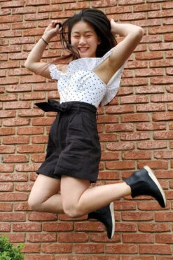 Polka Dot Straight Bustline Corset Top With Off The Shoulder Sleeves -Corset Story CSFT121 CustomerPic July2021 1