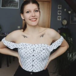 Polka Dot Straight Bustline Corset Top With Off The Shoulder Sleeves -Corset Story CSFT121 Customerpic June2021 3