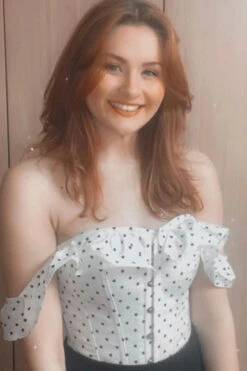 Polka Dot Straight Bustline Corset Top With Off The Shoulder Sleeves -Corset Story CSFT121 Customerpic June2021 4