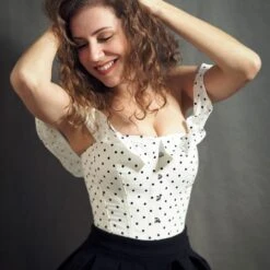 Polka Dot Straight Bustline Corset Top With Off The Shoulder Sleeves -Corset Story CSFT121 Customerpic June2021 7