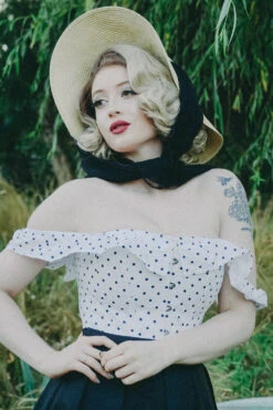 Polka Dot Straight Bustline Corset Top With Off The Shoulder Sleeves -Corset Story CSFT121 September 2020 cassandrabriskman 4