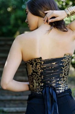 Black With Gold Brocade Pattern Longline Overbust With Hooks -Corset Story CSFT125 website 3
