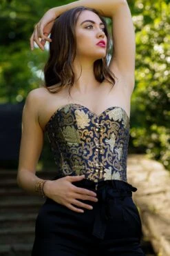 Black With Gold Brocade Pattern Longline Overbust With Hooks -Corset Story CSFT125 website 4
