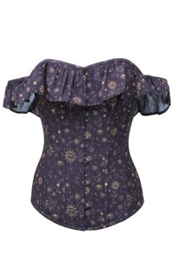 Mystic Galaxy Indigo And Gold Corset Top With Bardot Sleeve -Corset Story CSFT1593