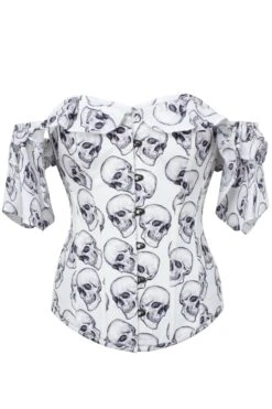 White And Grey Skull Gothic Corset Top With Frilled Sleeve -Corset Story CSFT1683