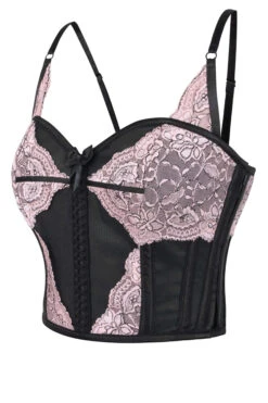 Cropped Pearl Pink Lace And Black Mesh Overbust Corset -Corset Story FTS2053copy