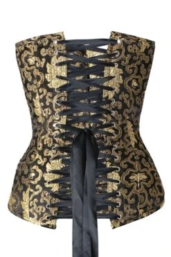Black With Gold Brocade Pattern Longline Overbust With Hooks -Corset Story Gold 2