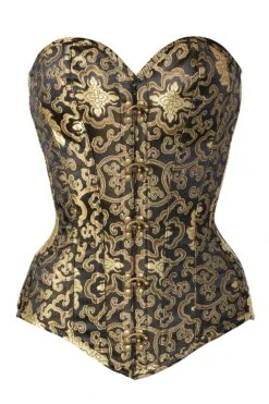 Black With Gold Brocade Pattern Longline Overbust With Hooks -Corset Story Gold Longline
