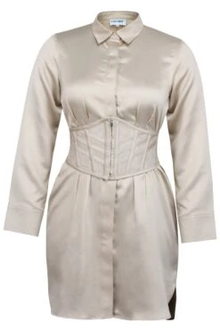 Matilda Champagne Satin Shirt Dress With Darted Waist -Corset Story LO 002 0411 3d899f13 ec07 4d33 903d a19e4cae632f