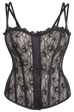 Clementine Black Satin And Lace Overbust Corset With Spaghetti Straps