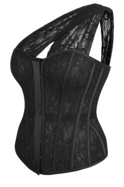 Emmeline Black Satin And Lace Overbust Corset With One Shoulder Detail -Corset Story LO 0113