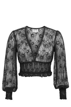 Pearl Black Lace Cropped Top With Long Sleeves