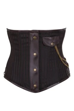 Brown Striped Steampunk Underbust With Steel Busk Covered Detail And Pocket Chain