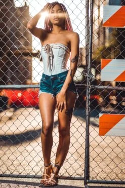 Vintage Inspired Straight Line Overbust With Ribbon Woven Through Lace Trim - Champagne