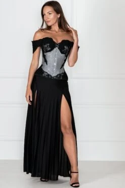 Grey Longline Corset Top With Lace Cap Sleeve