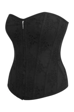 Dahlia Black Broderie Anglaise Cotton Overbust Corset With Zip Front -Corset Story SC 0043