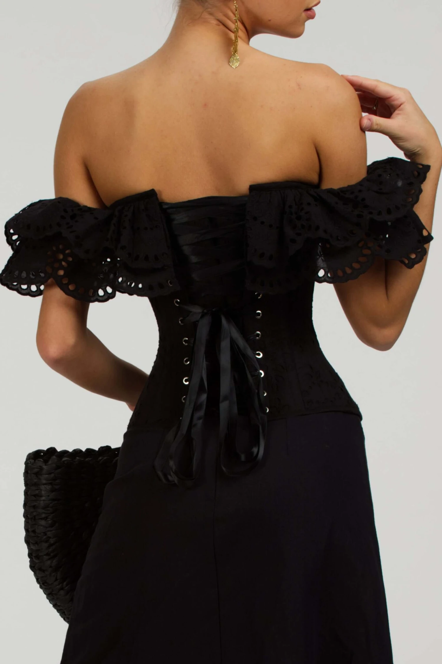 Alyssum Black Broderie Anglaise Cotton Corset Top With Double Frill Sleeves 4 Alyssum Black Broderie Anglaise Cotton Corset Top With Double Frill Sleeves - Image 4