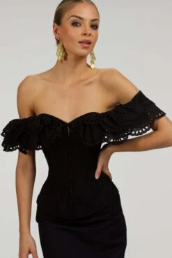 Alyssum Black Broderie Anglaise Cotton Corset Top With Double Frill Sleeves 16 Alyssum Black Broderie Anglaise Cotton Corset Top With Double Frill Sleeves -Corset Story SC 036 website 6